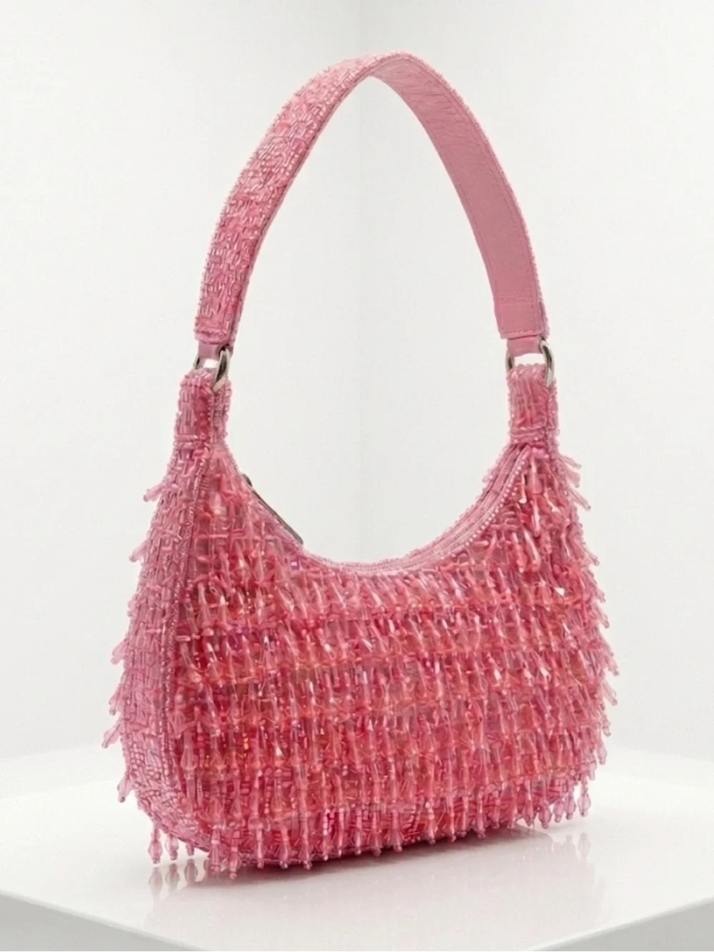 Pink Tweed Beaded Shoulder Bag - Made in India